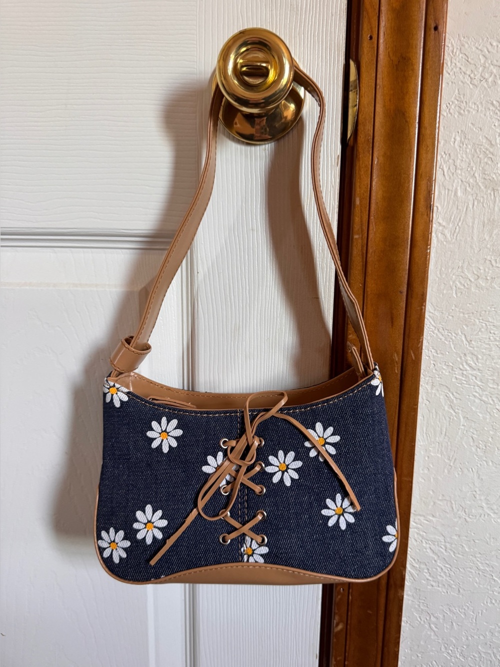 Denim Daisy Embroidered Shoulder Bag
